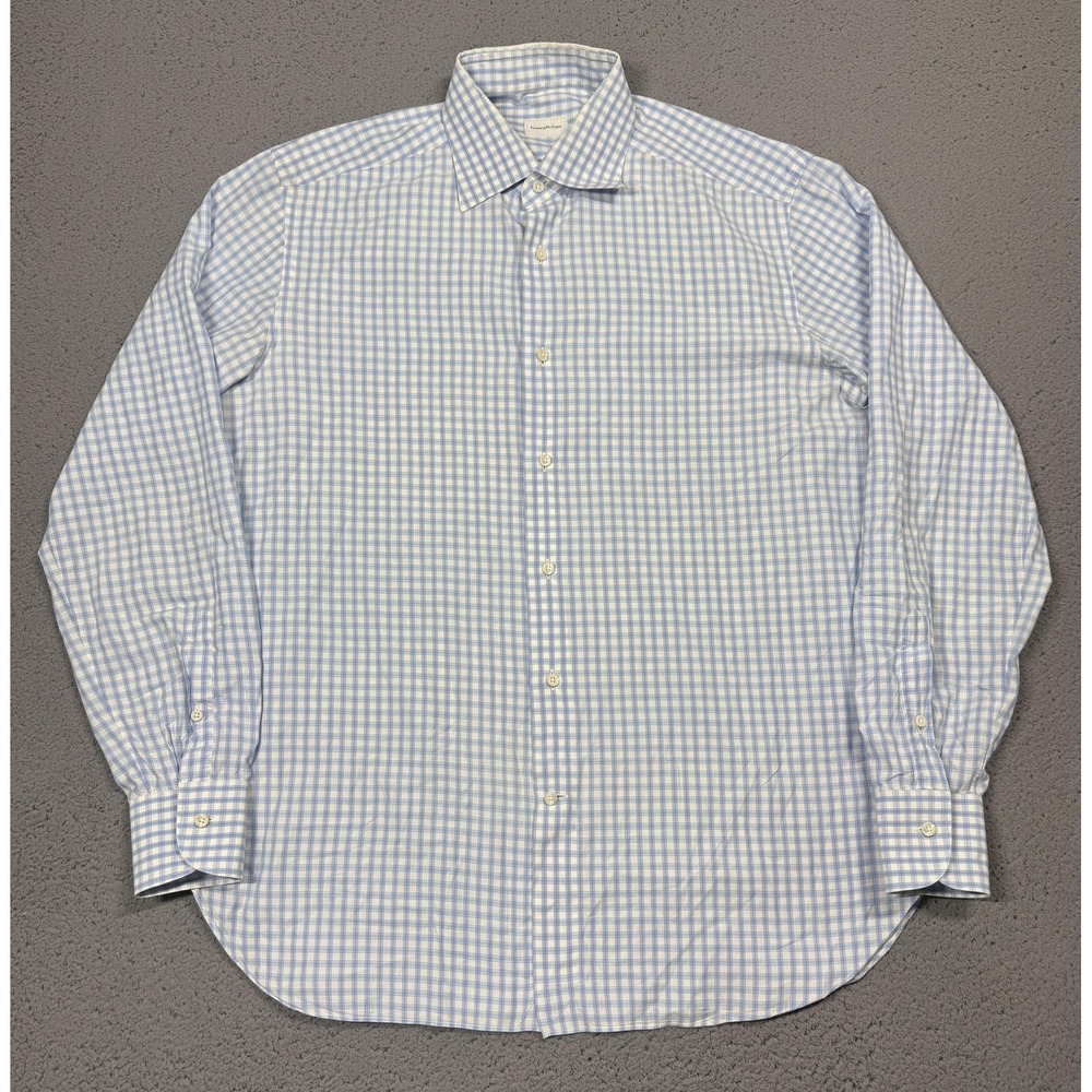 Ermenegildo Zegna Shirt Mens 16.5 42 Blue Gingham Dress Button Front Long Sleeve